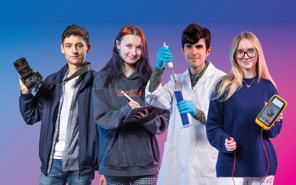 Four students on a colourful background